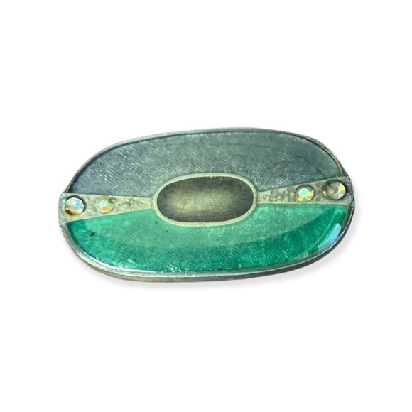Vintage Deco Era Metal Enamel Overlay Brooch Pin, oval green grey rhinestones ge - Picture 1 of 3